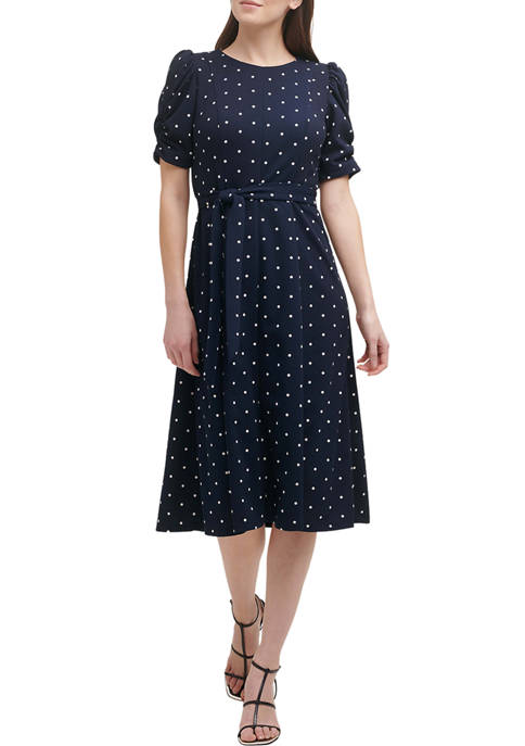 DKNY Womens Belted Dot Print Midi Scuba Dress