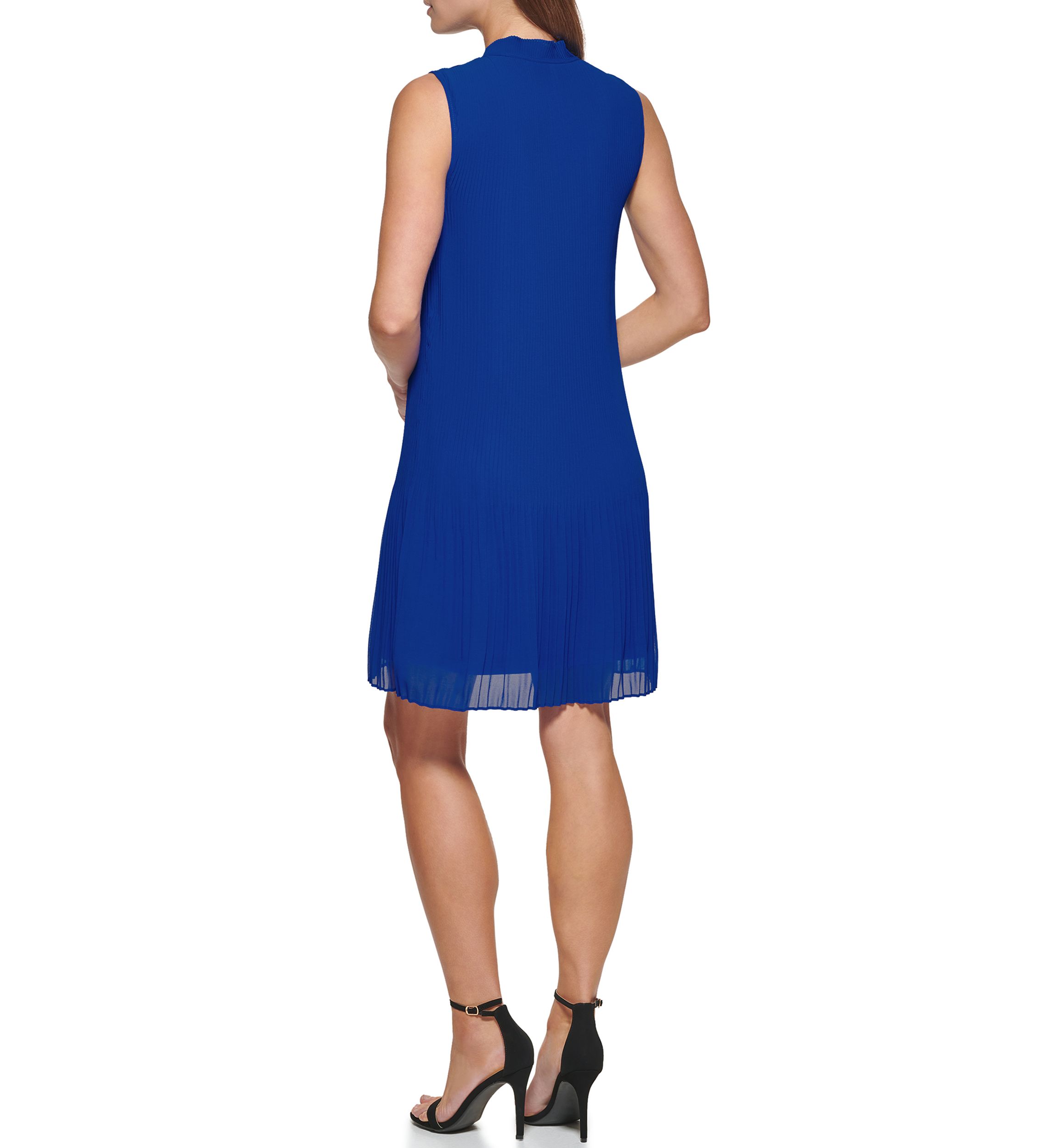 Womens Sleeveless Tie Neck Solid A-Line Dress