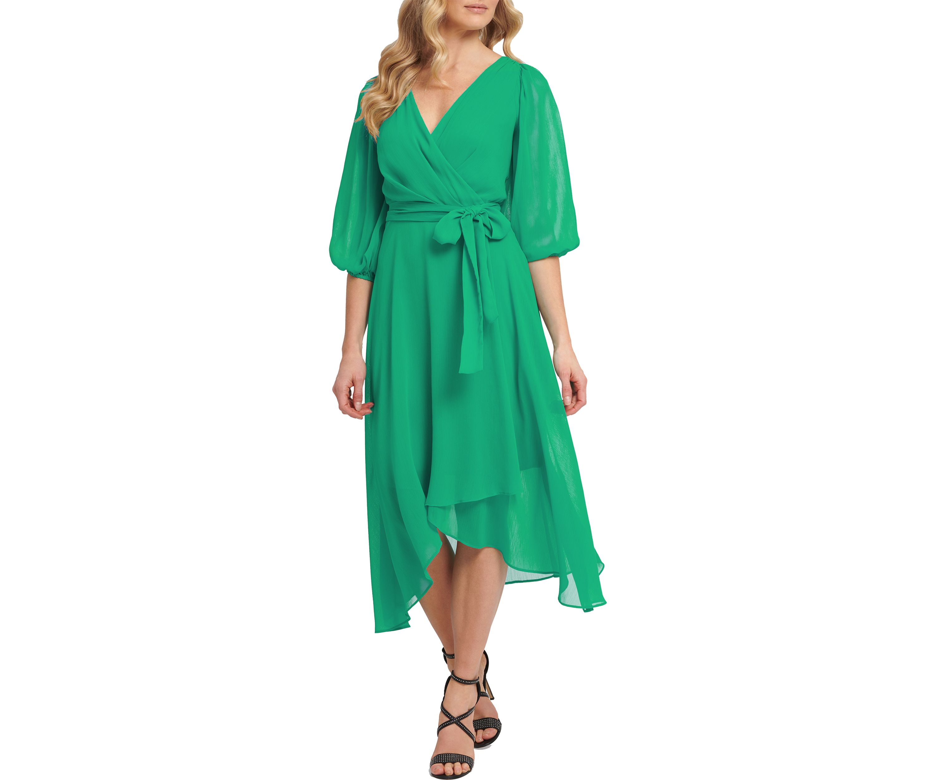 Womens Elbow Puff Sleeve Crossover Tie Waist Midi Dress