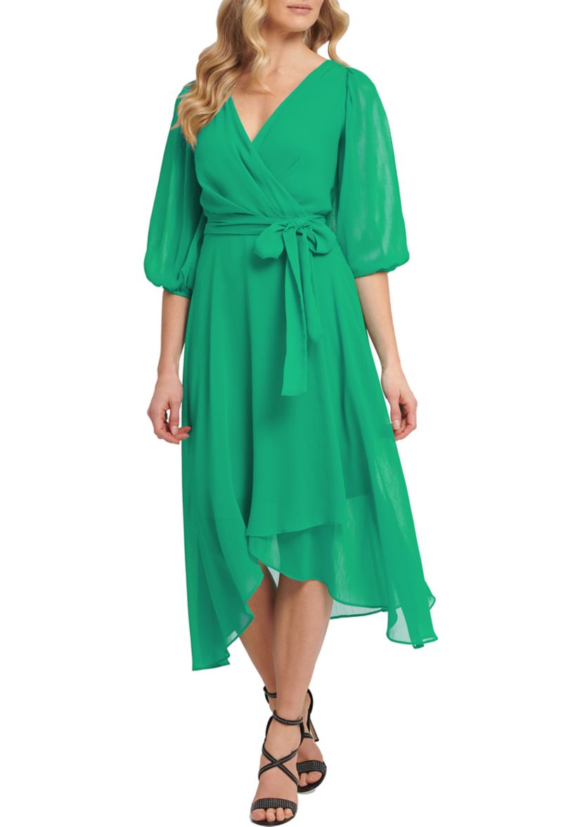 Womens Elbow Puff Sleeve Crossover Tie Waist Midi Dress