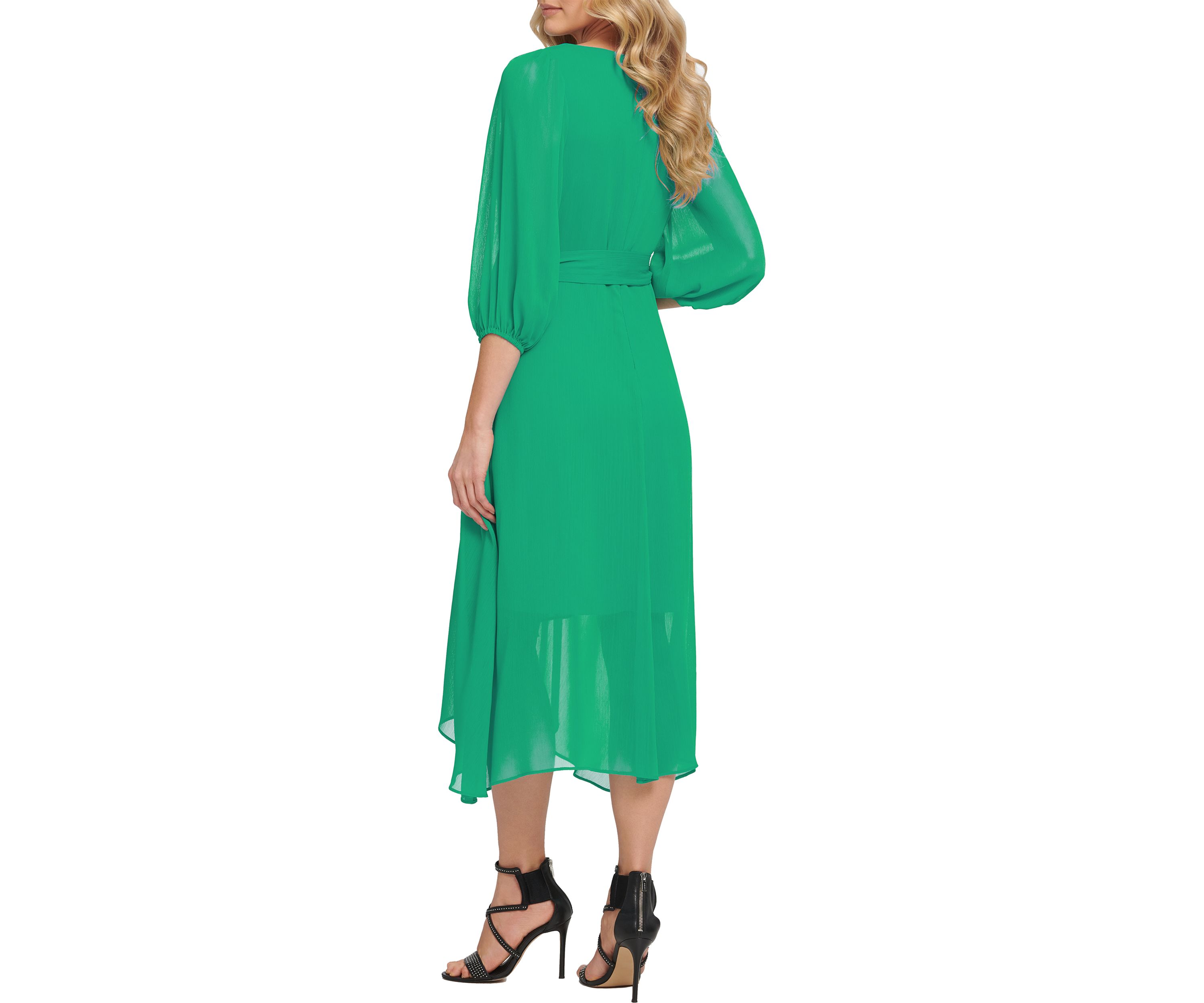 Womens Elbow Puff Sleeve Crossover Tie Waist Midi Dress