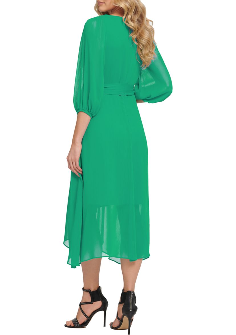 Womens Elbow Puff Sleeve Crossover Tie Waist Midi Dress