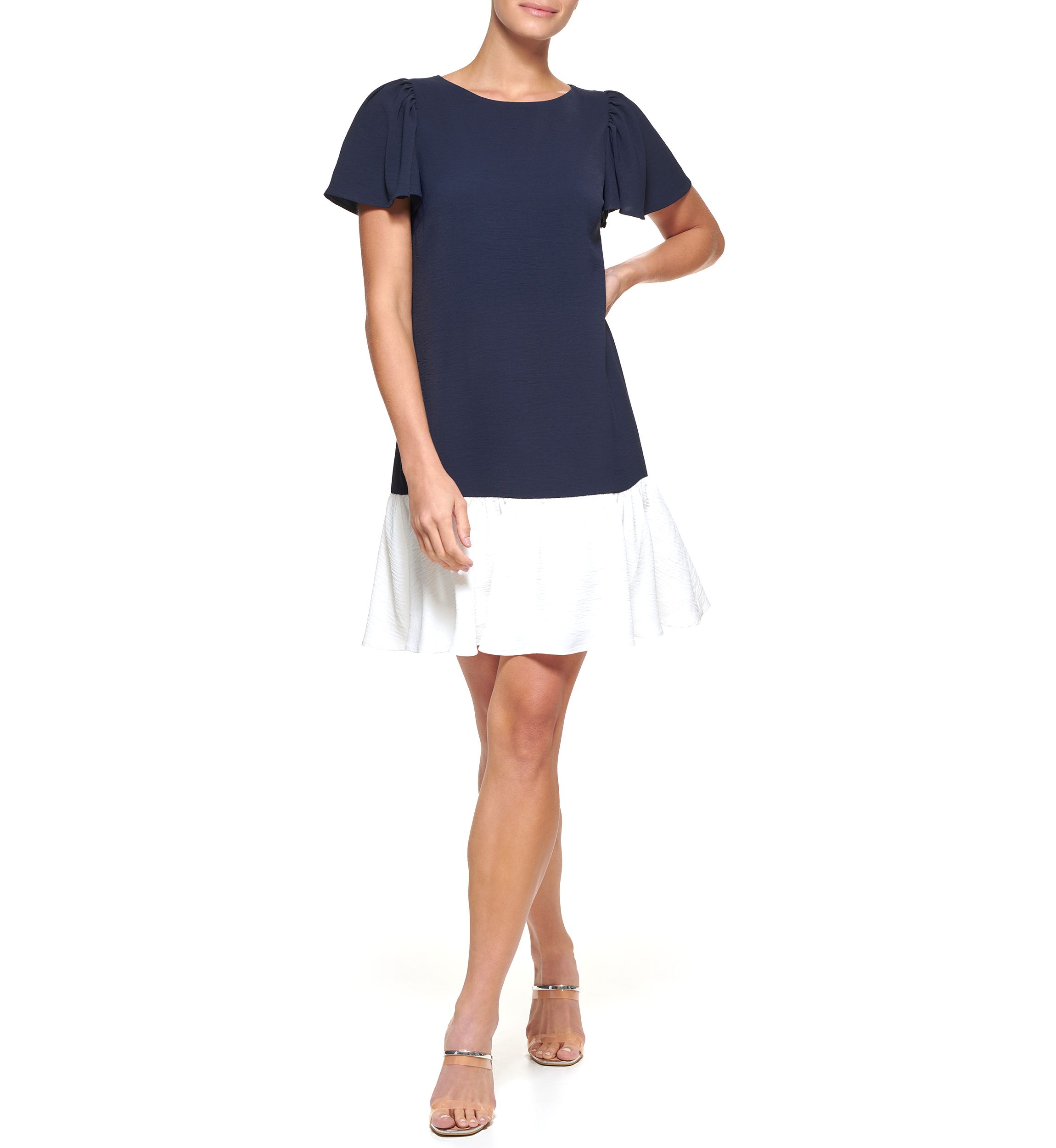 Short Sleeve Color Block Woven A-Line Dress