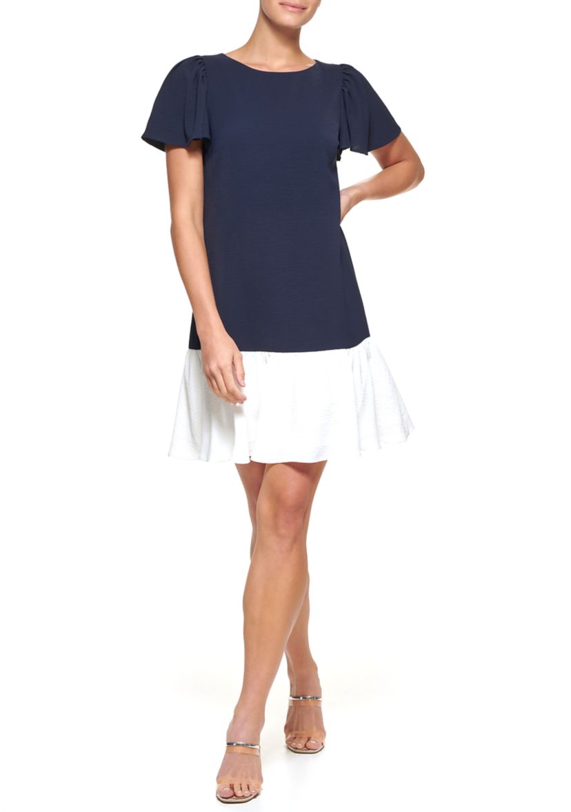 Short Sleeve Color Block Woven A-Line Dress