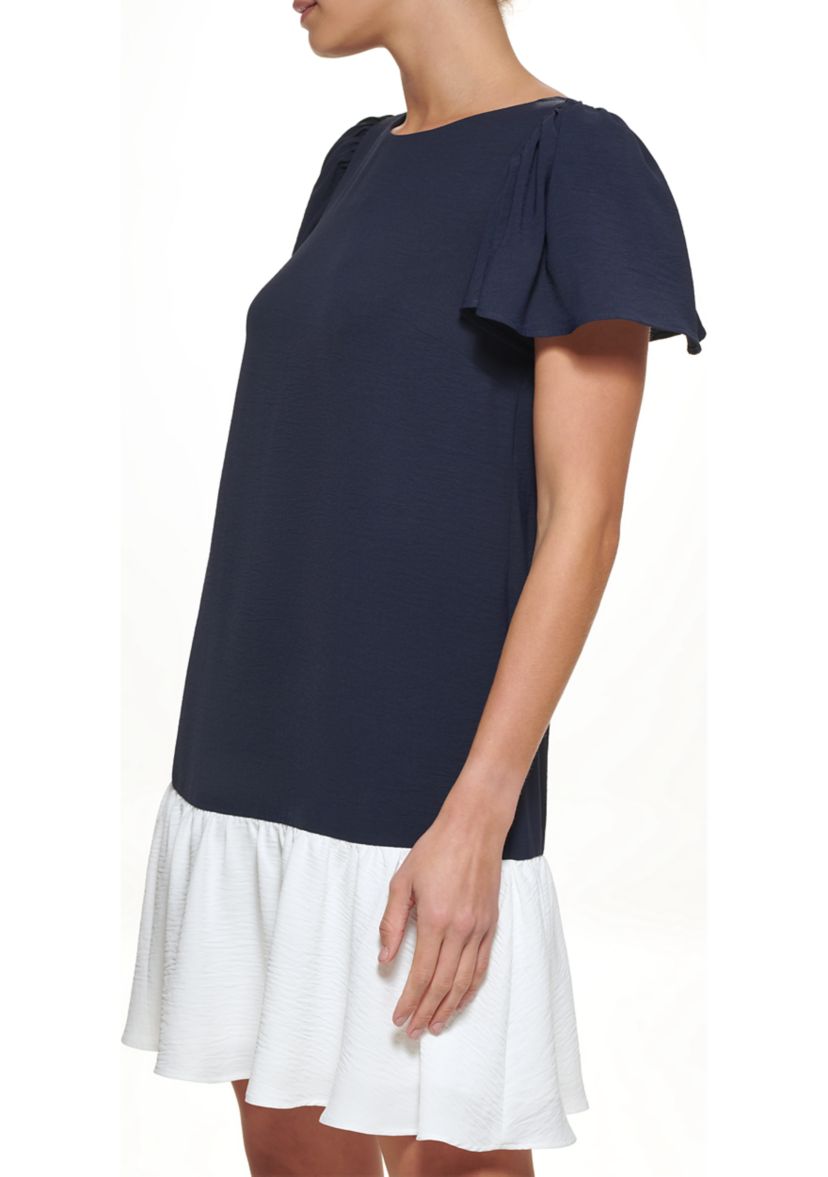 Short Sleeve Color Block Woven A-Line Dress