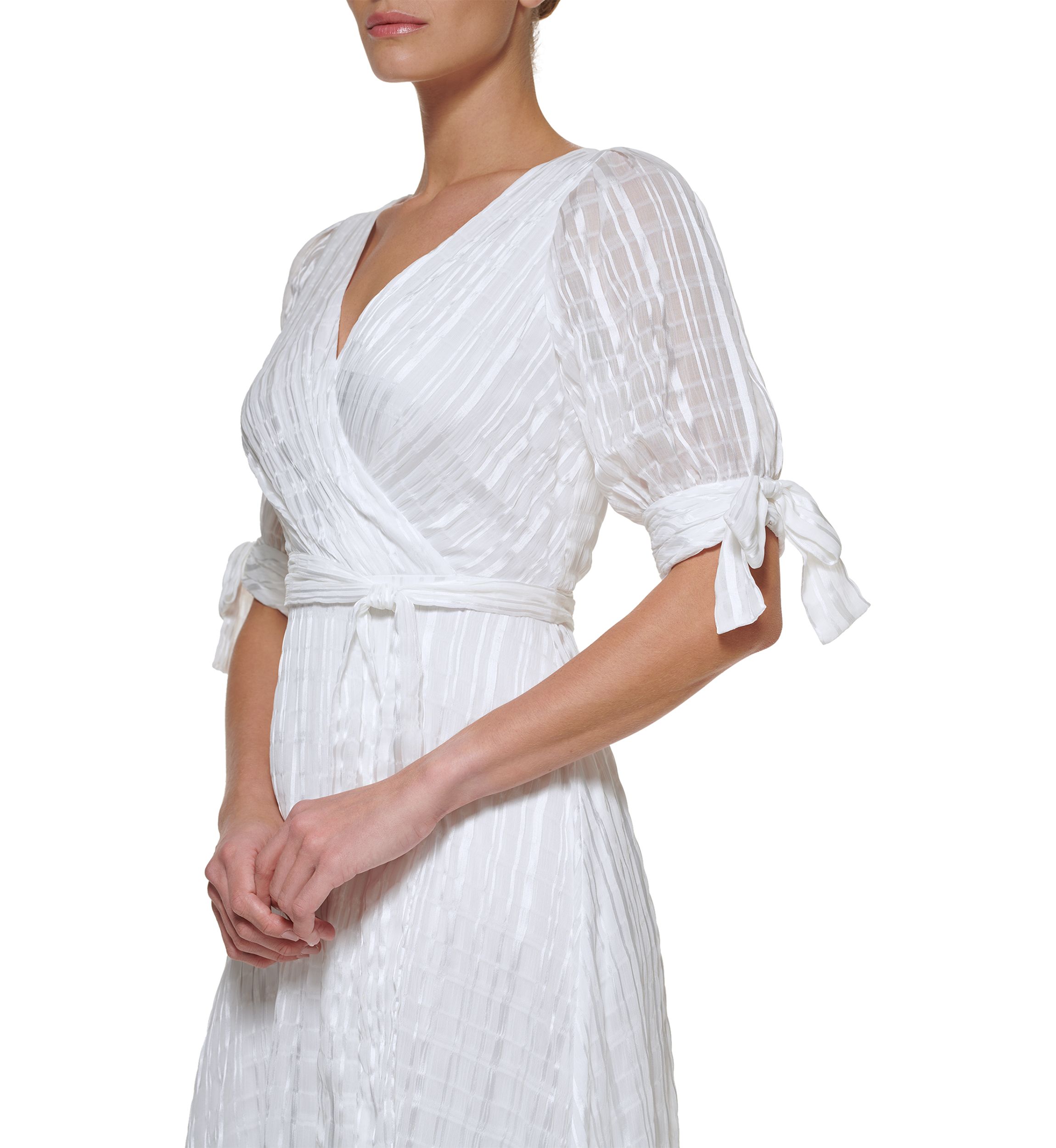Womens Tie Sleeve V-Neck Faux Wrap Dress 