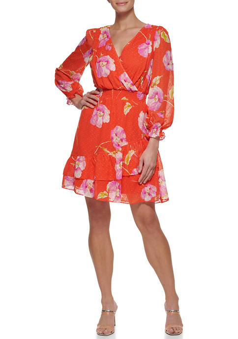 DKNY Womens Blouson Sleeve Floral Wrap Dress