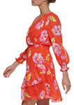 Womens Blouson Sleeve Floral Wrap Dress
