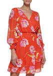 Womens Blouson Sleeve Floral Wrap Dress