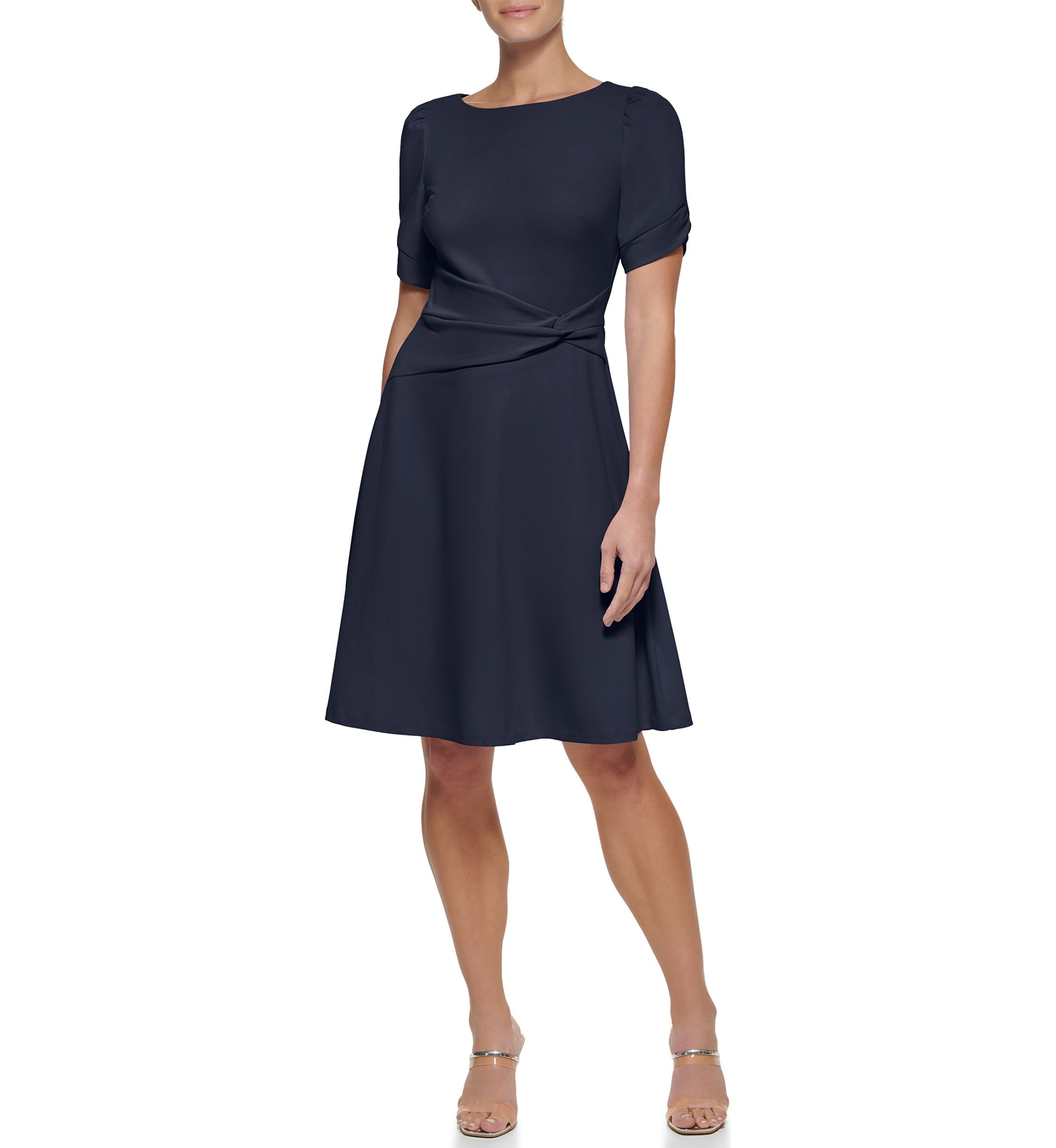 Womens Short Sleeve Crepe Side Knot Fit & Flare Dress