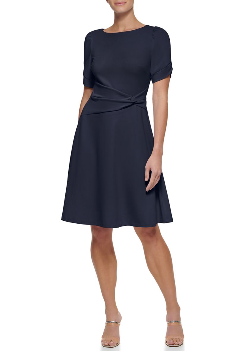 Womens Short Sleeve Crepe Side Knot Fit & Flare Dress