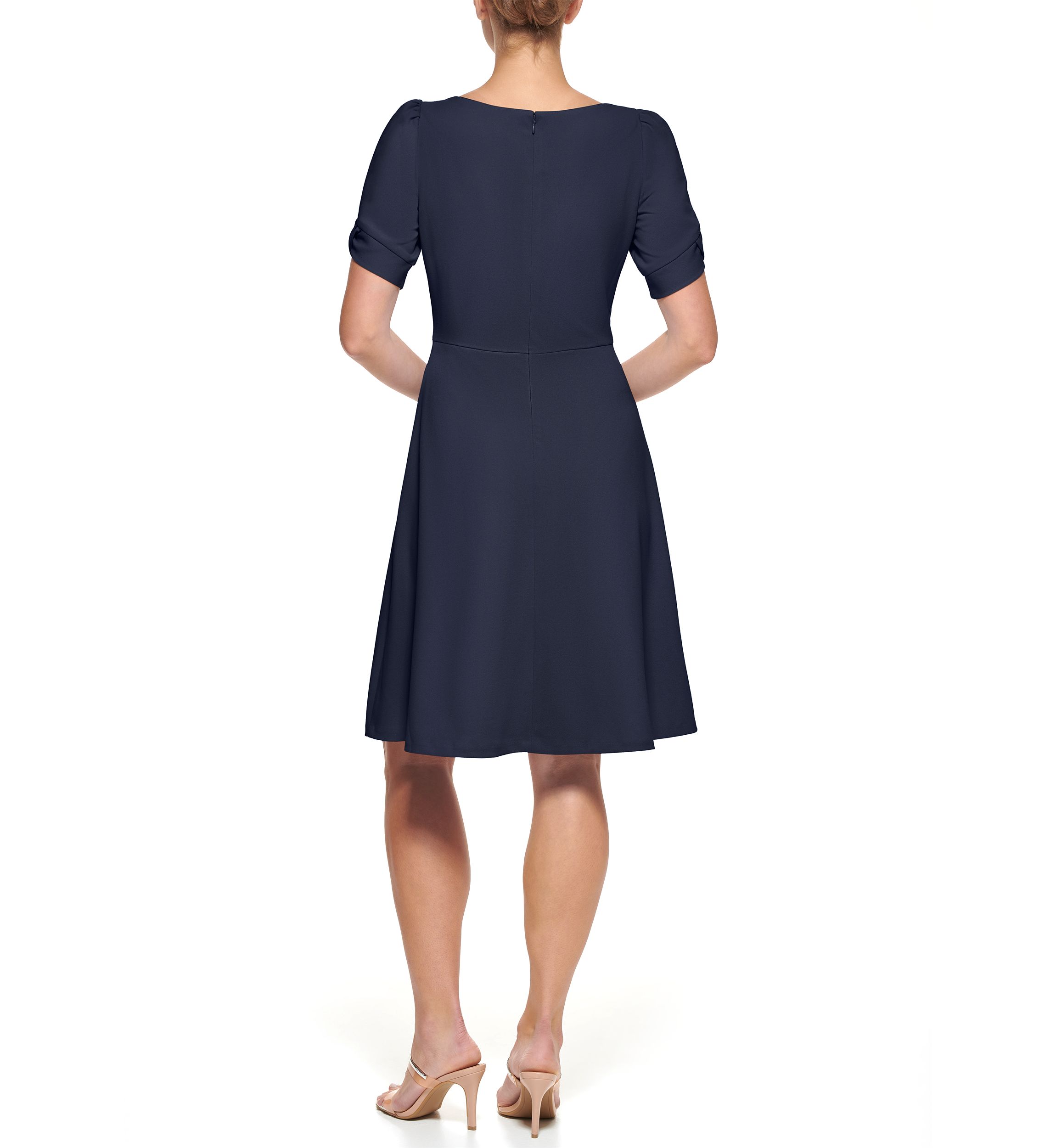 Womens Short Sleeve Crepe Side Knot Fit & Flare Dress