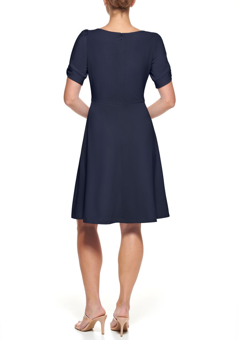Womens Short Sleeve Crepe Side Knot Fit & Flare Dress