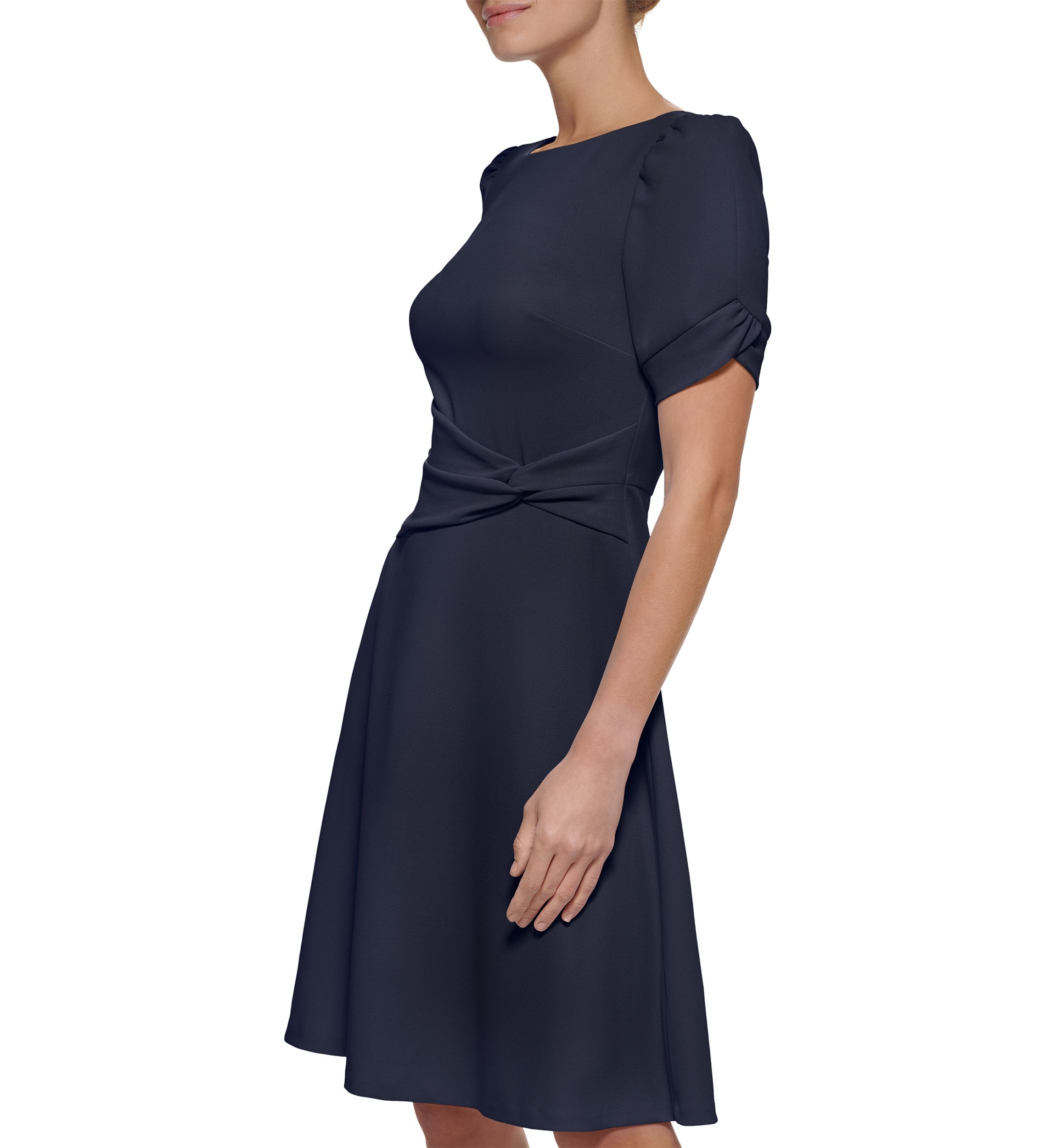 Womens Short Sleeve Crepe Side Knot Fit & Flare Dress
