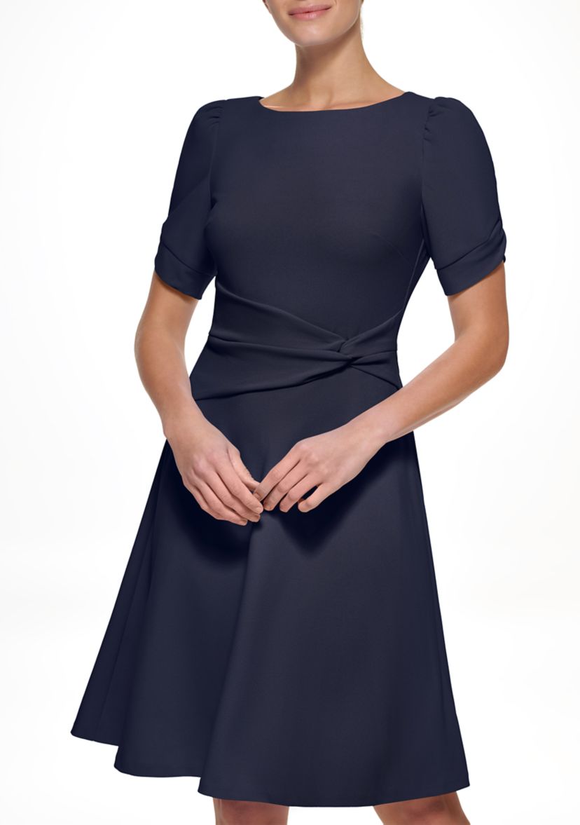 Womens Short Sleeve Crepe Side Knot Fit & Flare Dress
