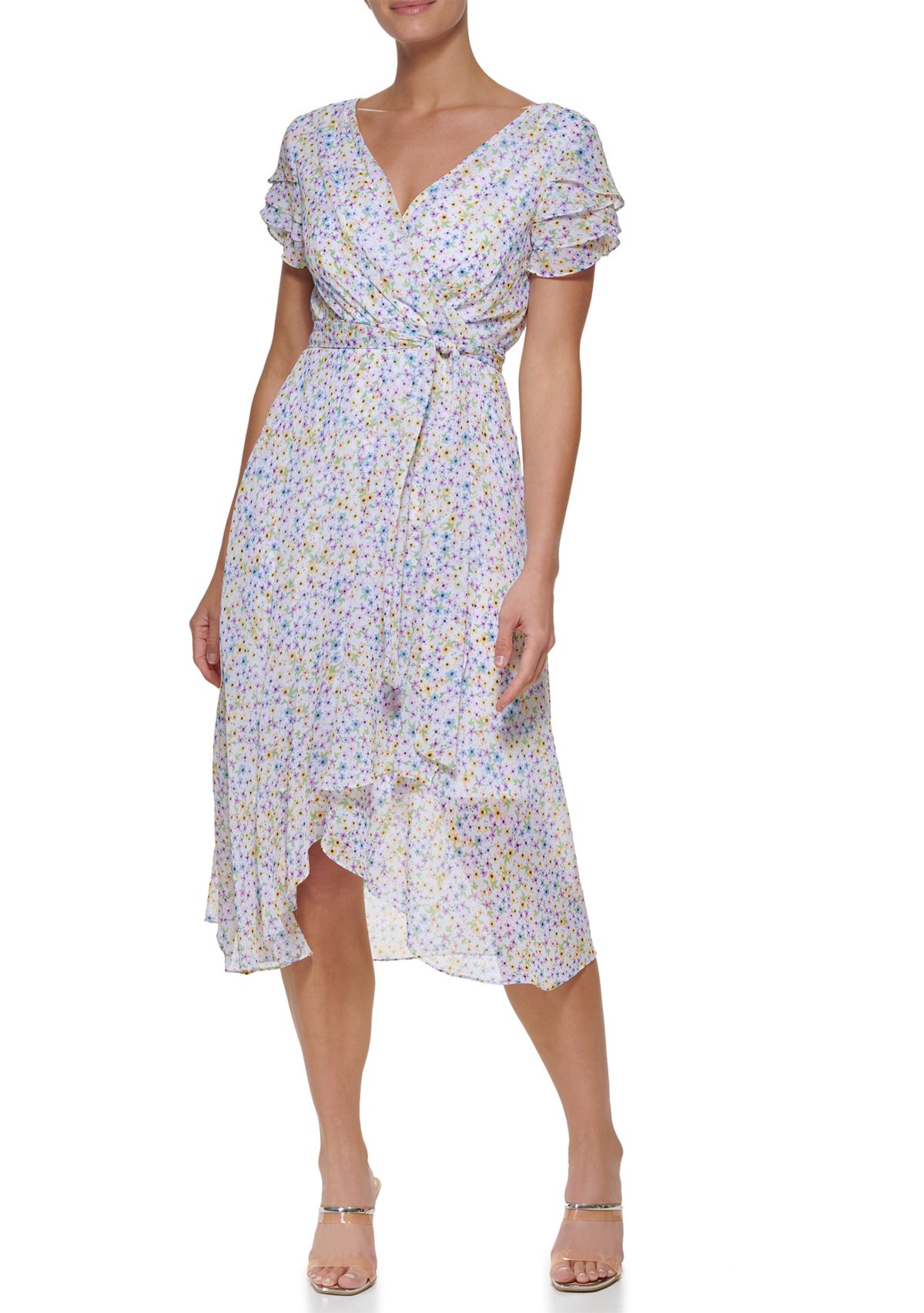 Womens Floral Midi Dress with Tie Waist 