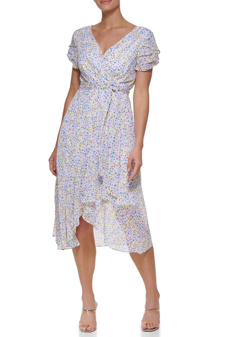 Womens Floral Midi Dress with Tie Waist 
