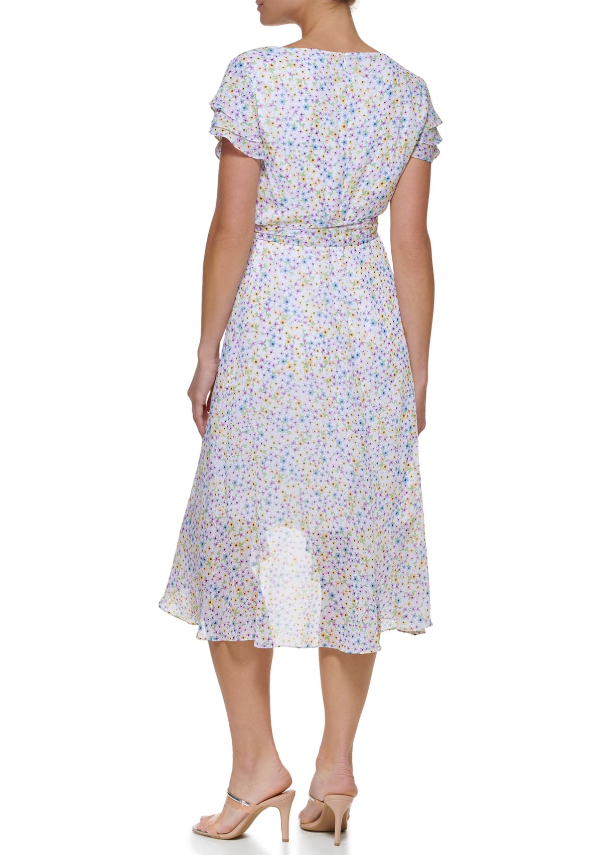Womens Floral Midi Dress with Tie Waist 