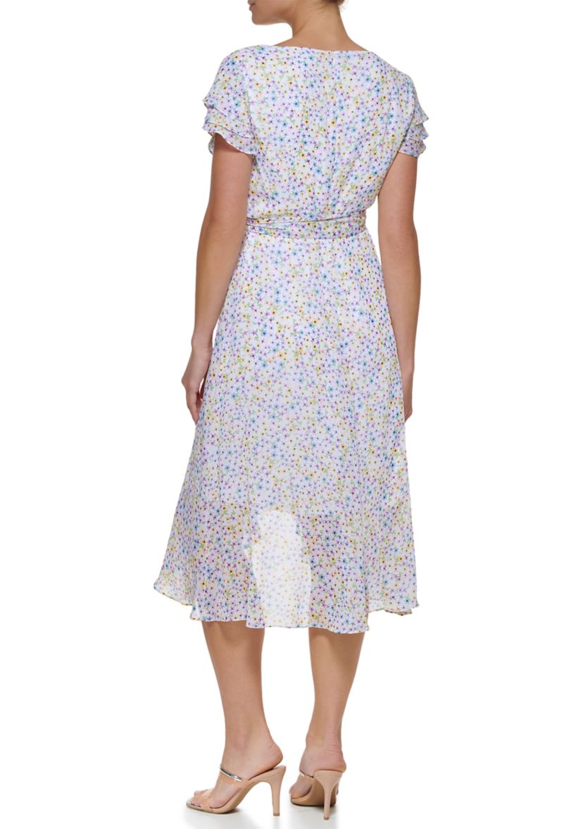 Womens Floral Midi Dress with Tie Waist 