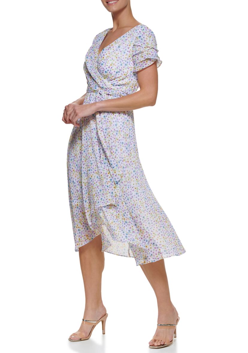 Womens Floral Midi Dress with Tie Waist 