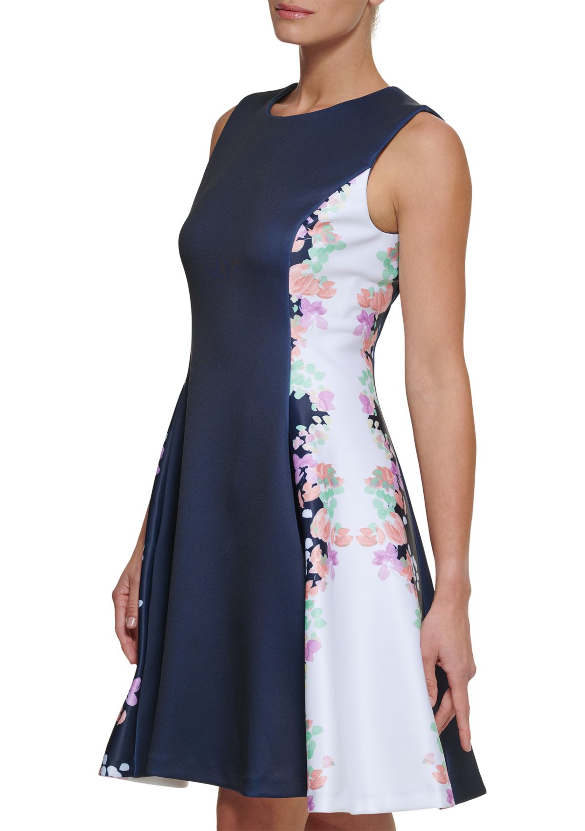 Womens Fit and Flare Color Block Dress