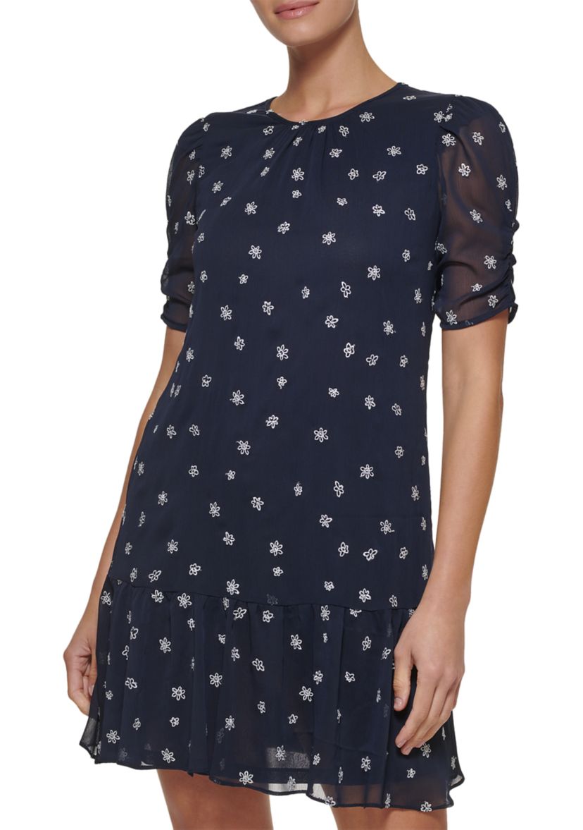Womens Ruched Sleeve Floral Day Dress