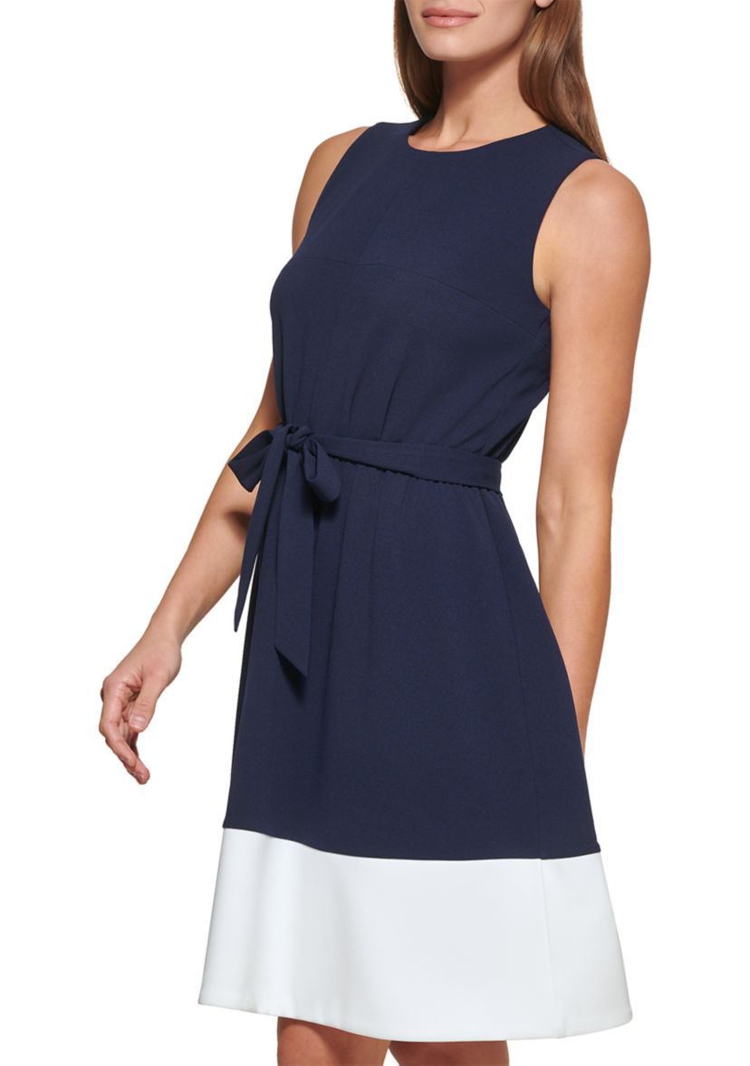 Womens Sleeveless Tie Waist Fit and Flare Dress