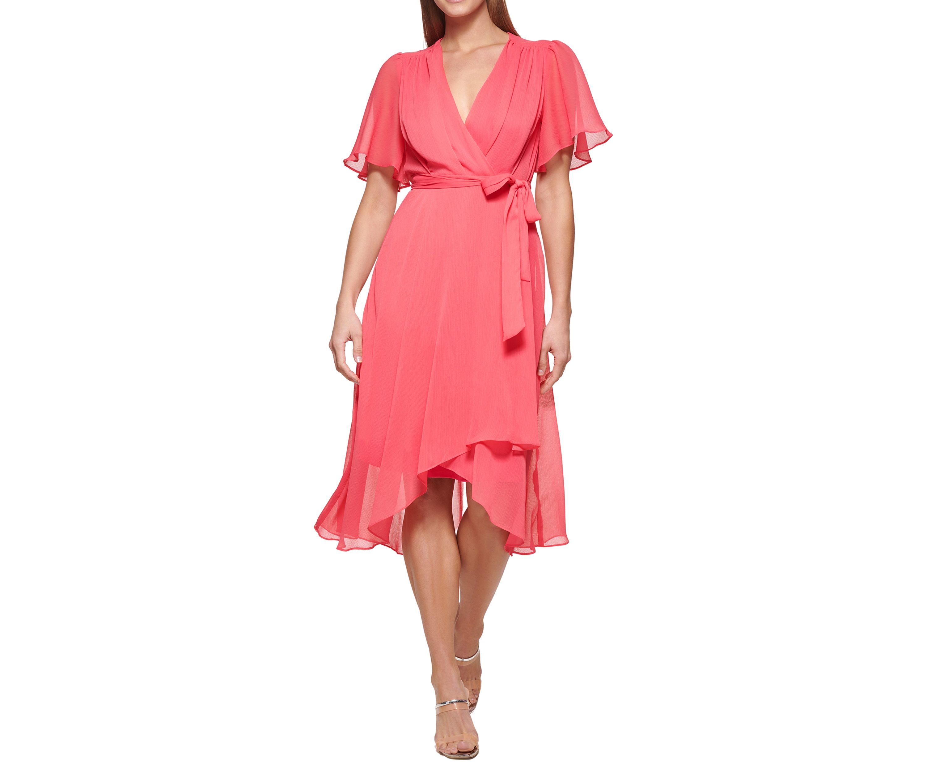 Womens Flutter Sleeve Wrap Dress