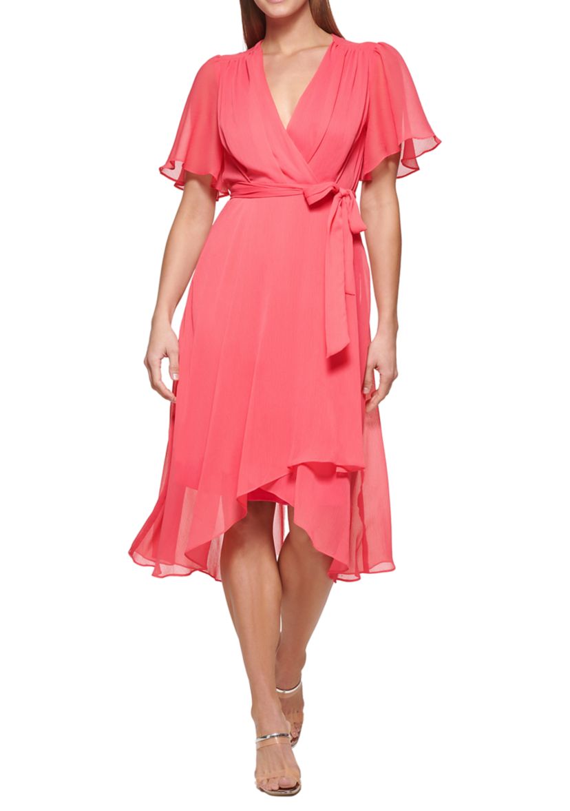 Womens Flutter Sleeve Wrap Dress