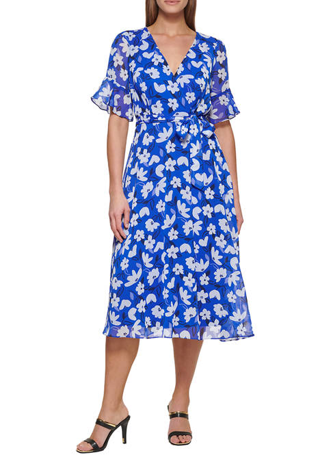 DKNY Womens Bell Sleeve Floral Midi Dress