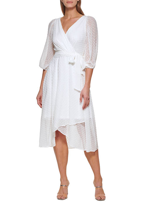 DKNY Womens Blouson Sleeve Clip Dot Wrap Dress