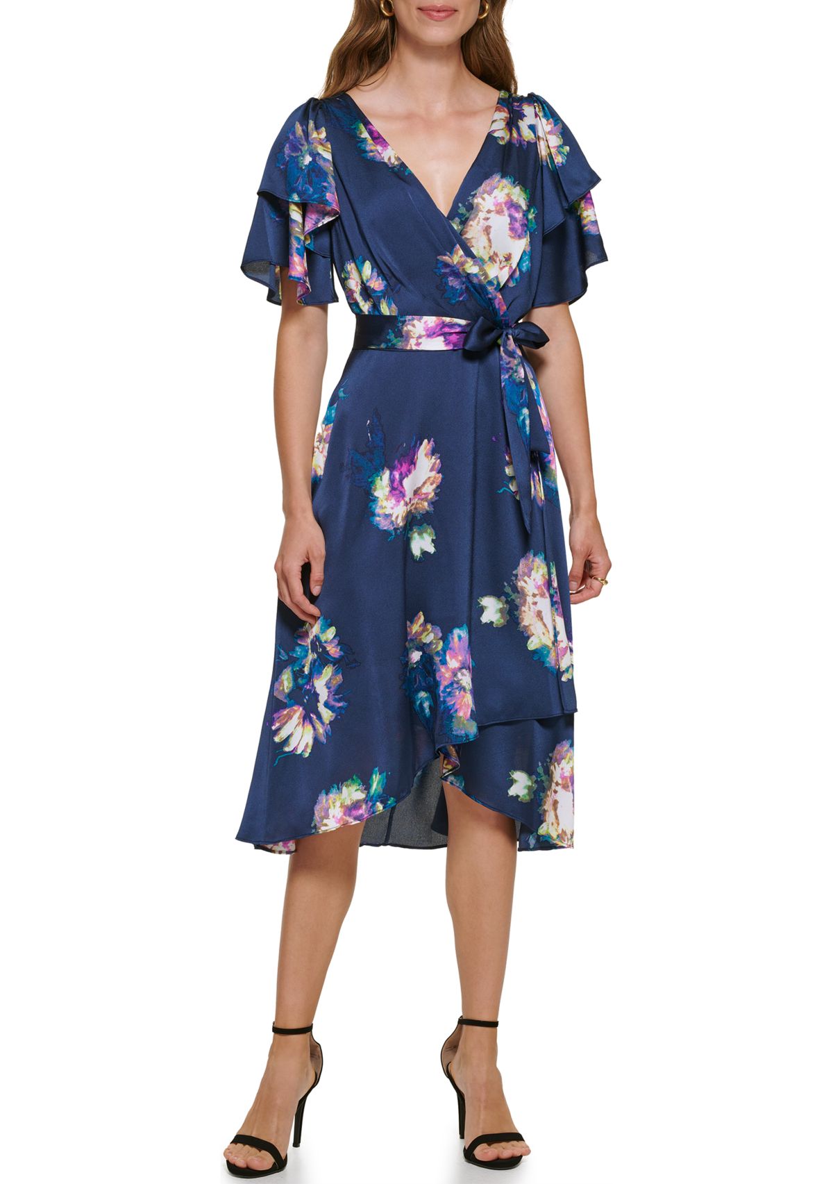 Womens Crossover V-Neck Flutter Sleeve Floral Printed Chiffon Dress