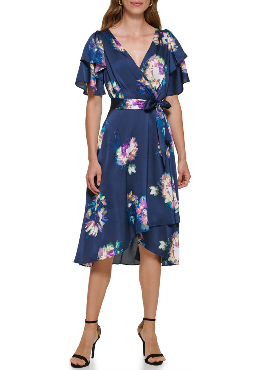 Womens Crossover V-Neck Flutter Sleeve Floral Printed Chiffon Dress