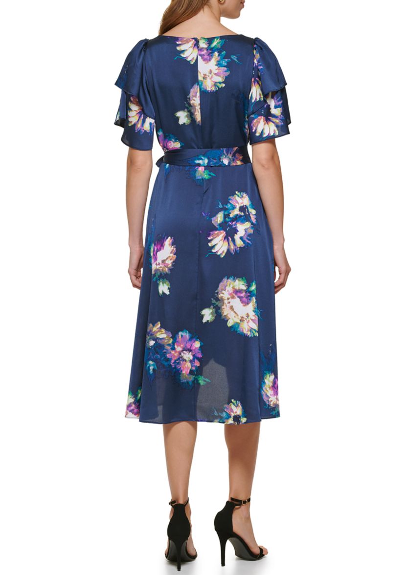 Womens Crossover V-Neck Flutter Sleeve Floral Printed Chiffon Dress
