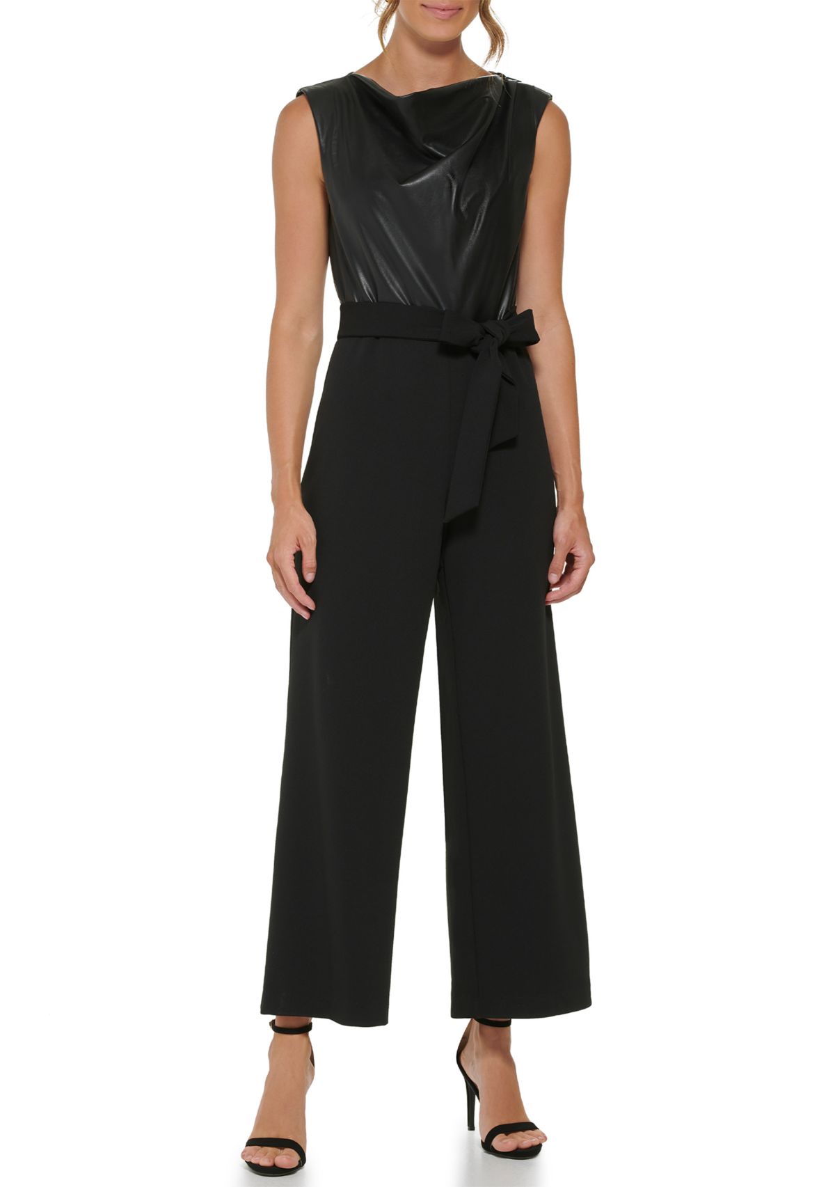 Womens Sleeveless Tie Waist Solid Jumpsuit 