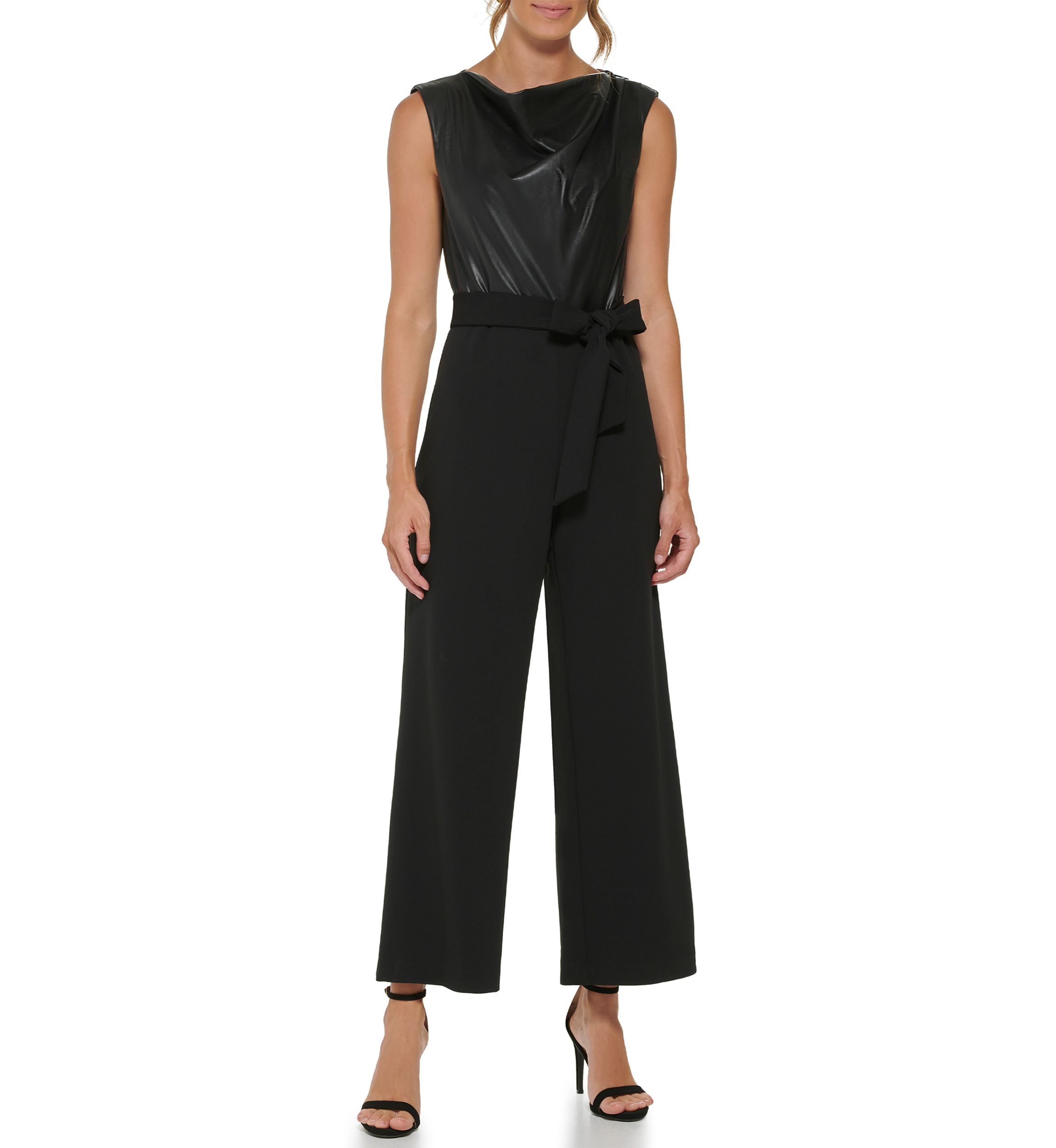 Womens Sleeveless Tie Waist Solid Jumpsuit 