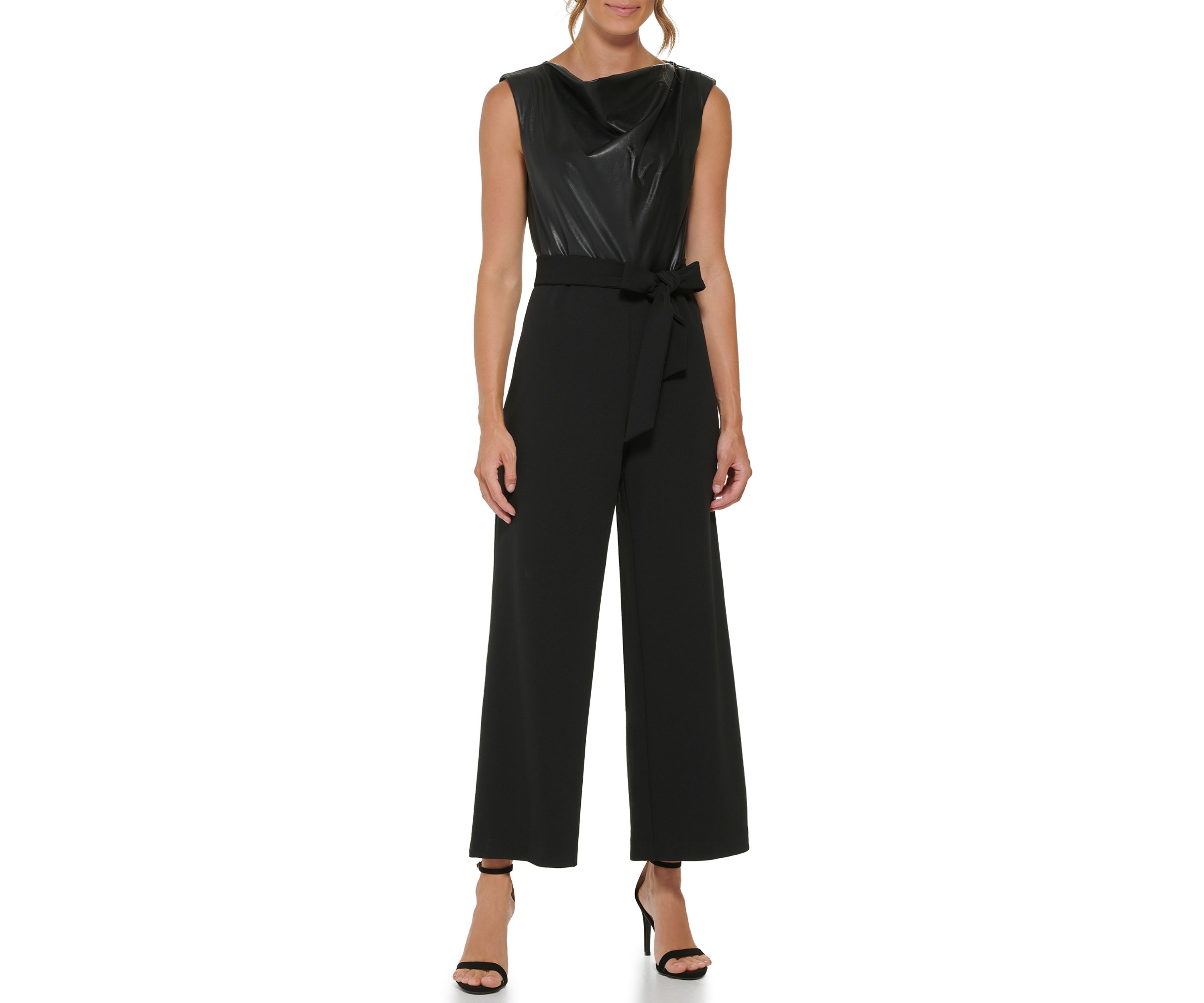 Womens Sleeveless Tie Waist Solid Jumpsuit 