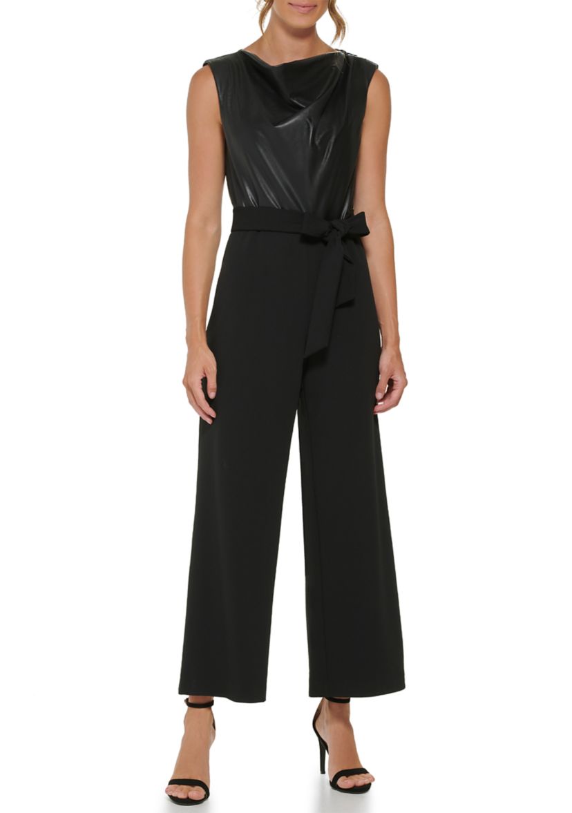 Womens Sleeveless Tie Waist Solid Jumpsuit 