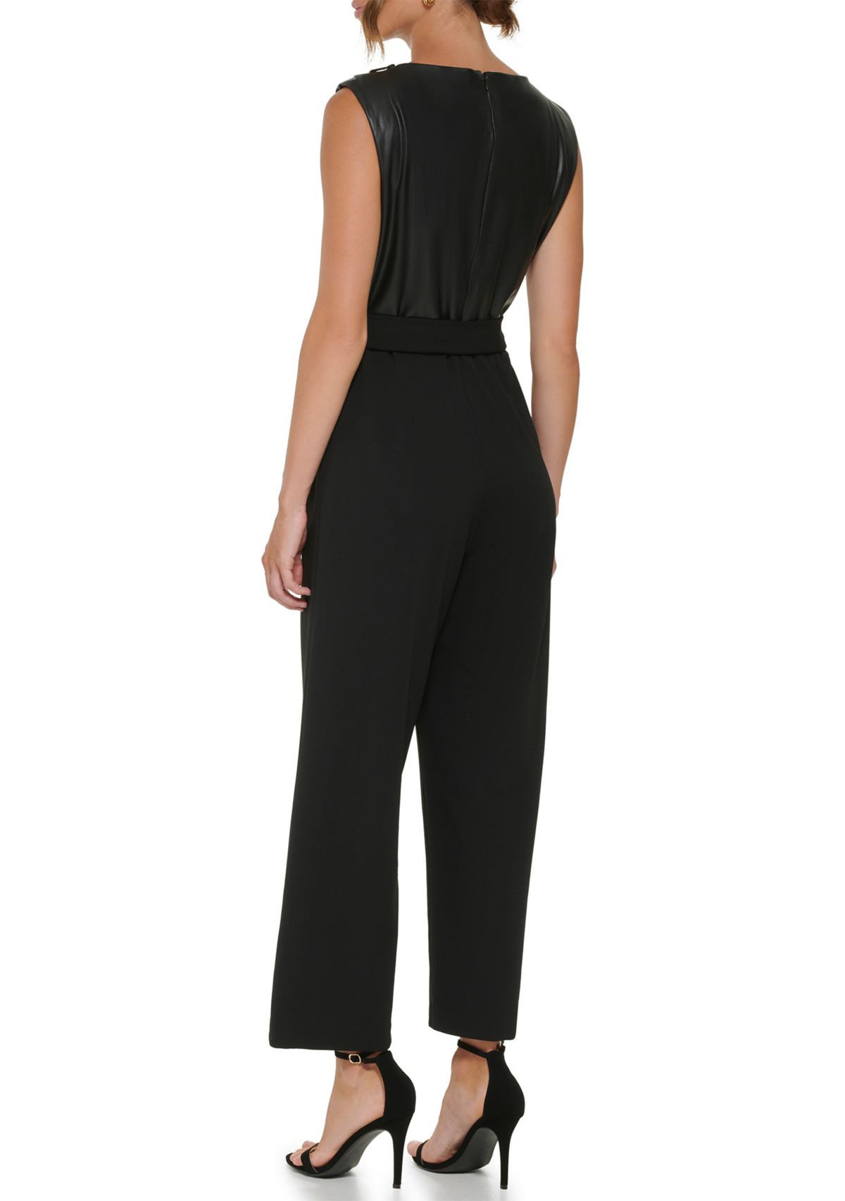 Womens Sleeveless Tie Waist Solid Jumpsuit 