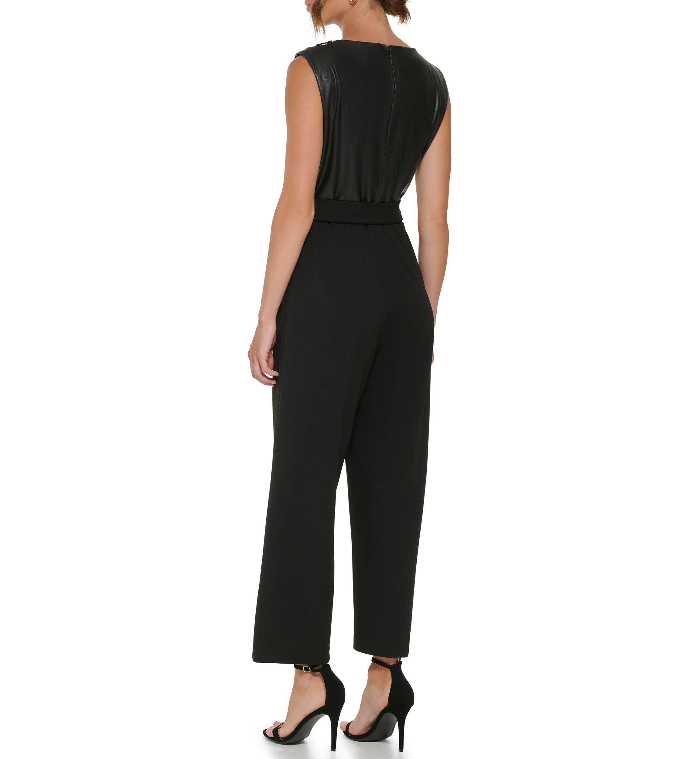 Womens Sleeveless Tie Waist Solid Jumpsuit 