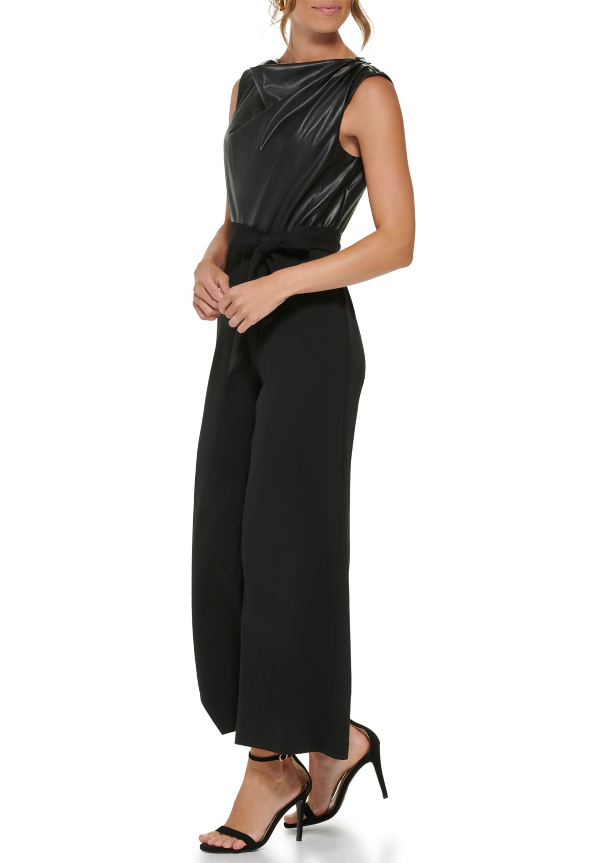 Womens Sleeveless Tie Waist Solid Jumpsuit 