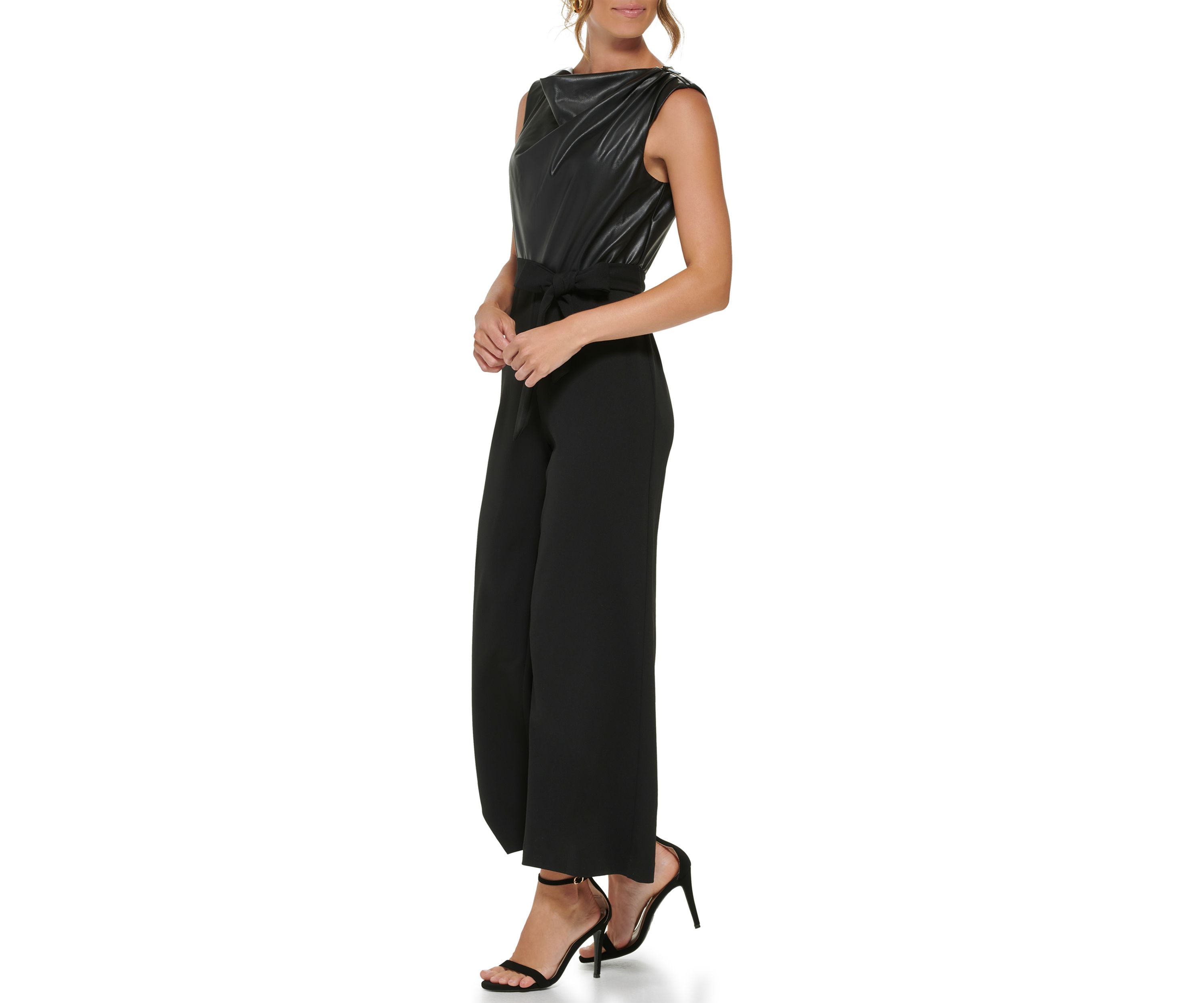 Womens Sleeveless Tie Waist Solid Jumpsuit 