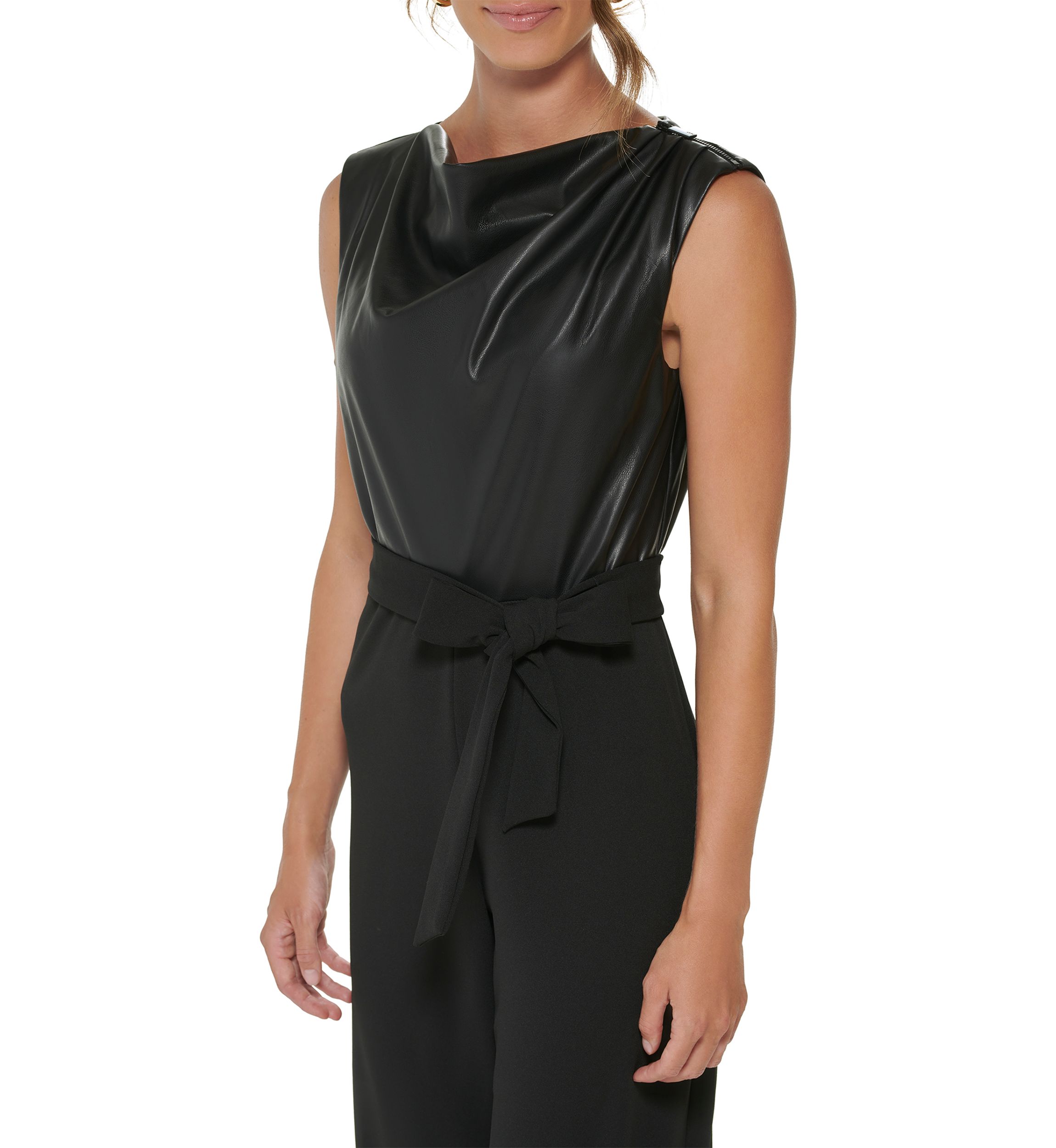 Womens Sleeveless Tie Waist Solid Jumpsuit 