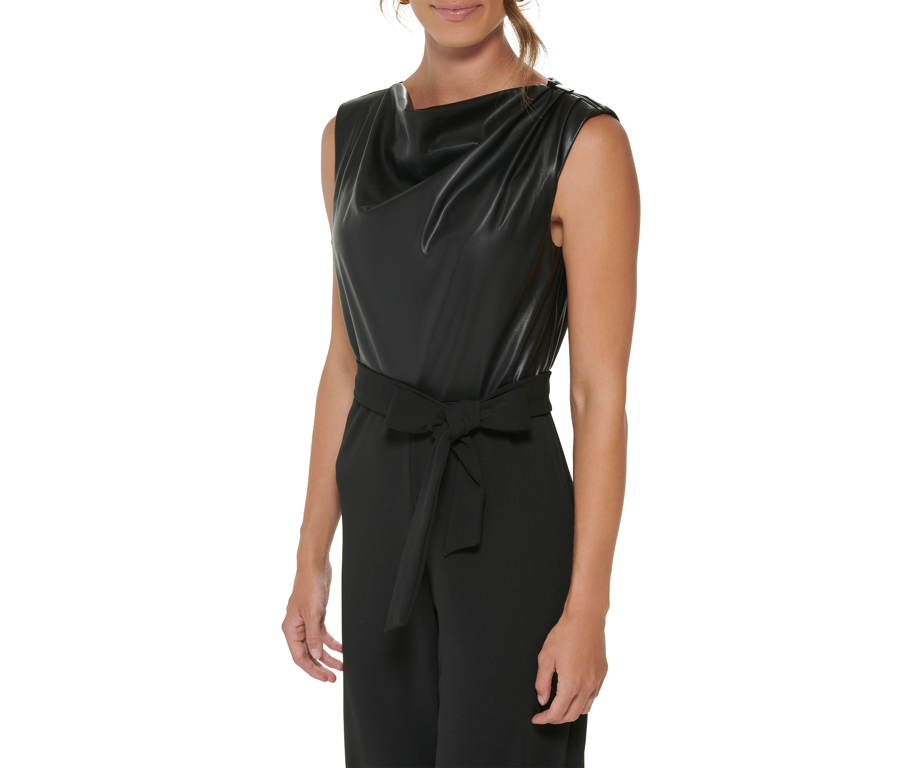 Womens Sleeveless Tie Waist Solid Jumpsuit 