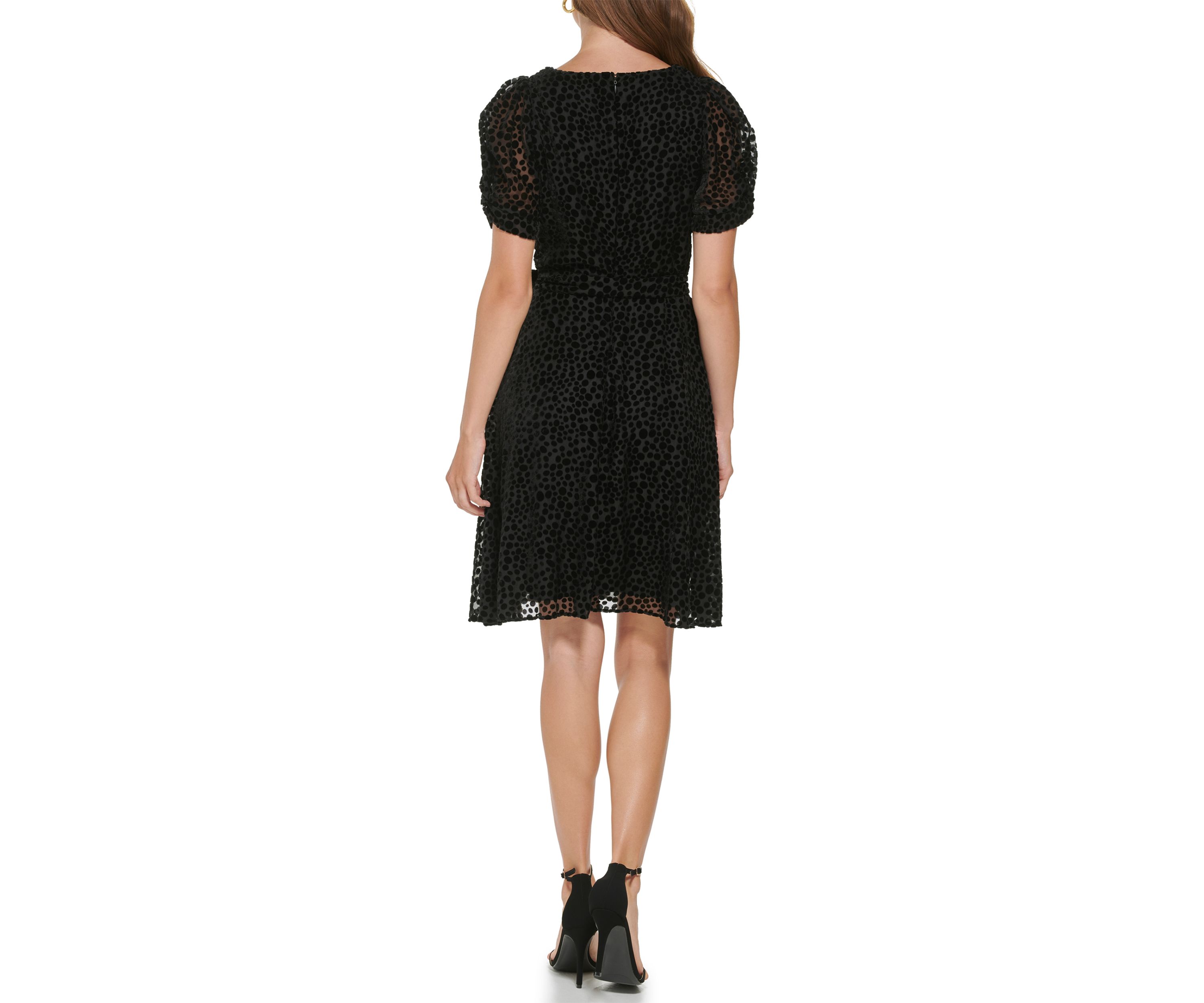 Womens Short Puff Sleeve Solid Texture Dress with Knot
