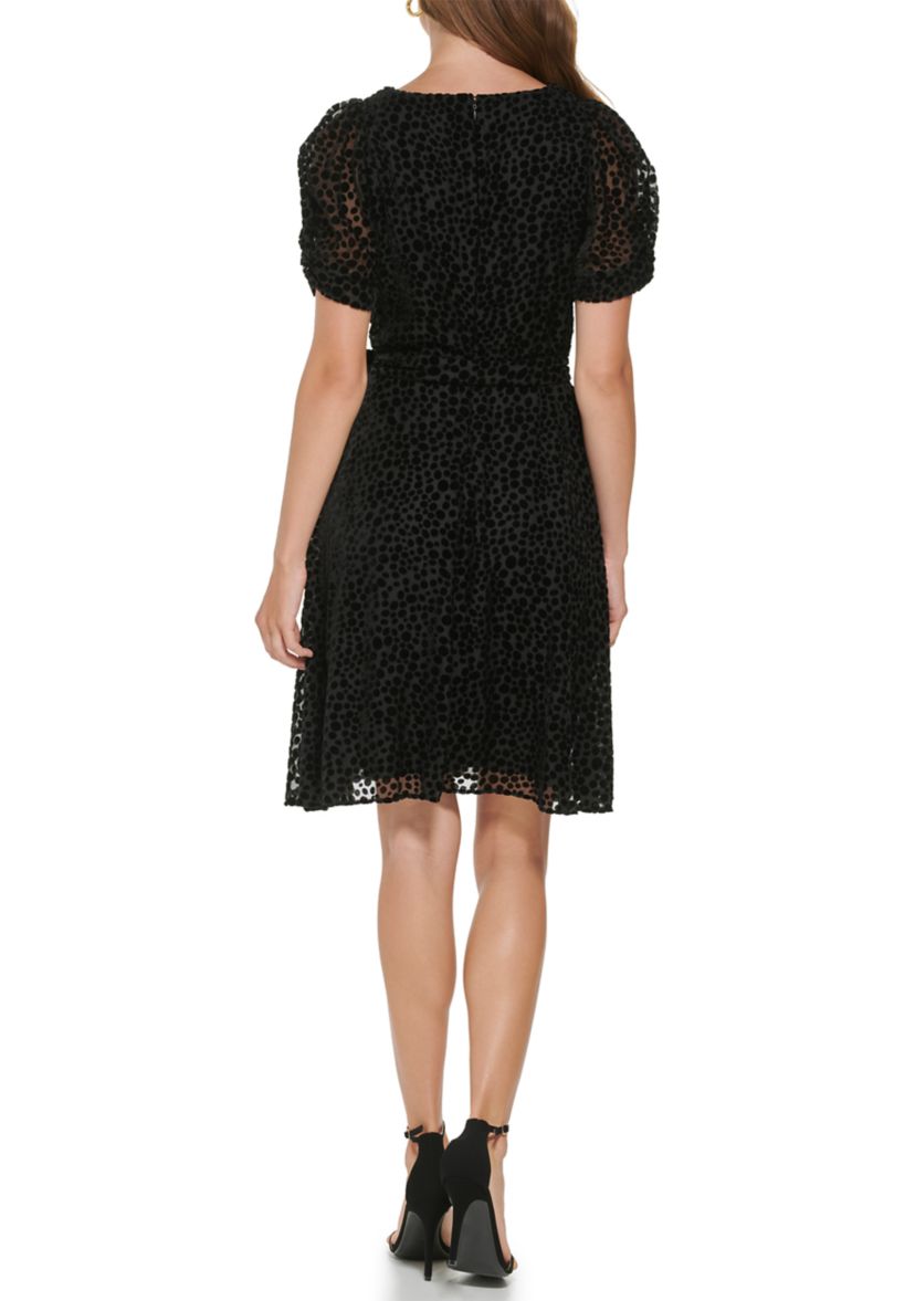 Womens Short Puff Sleeve Solid Texture Dress with Knot