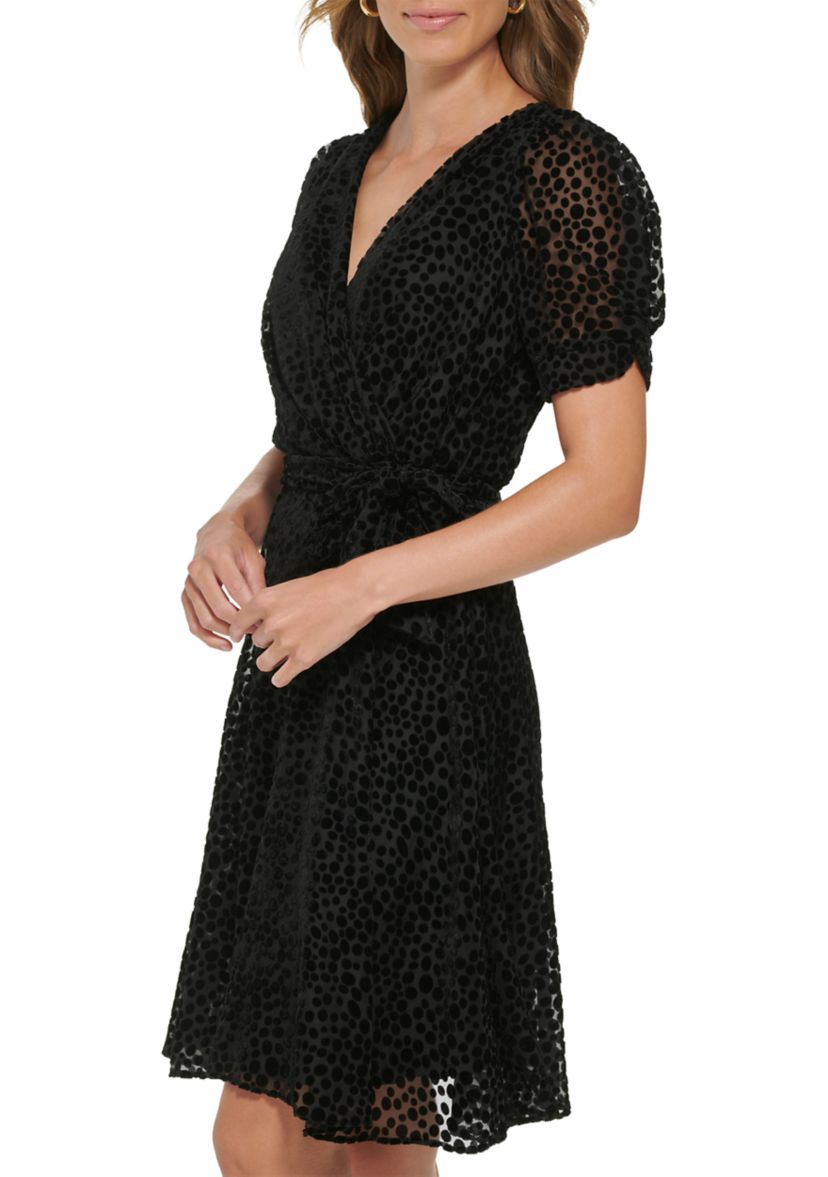 Womens Short Puff Sleeve Solid Texture Dress with Knot