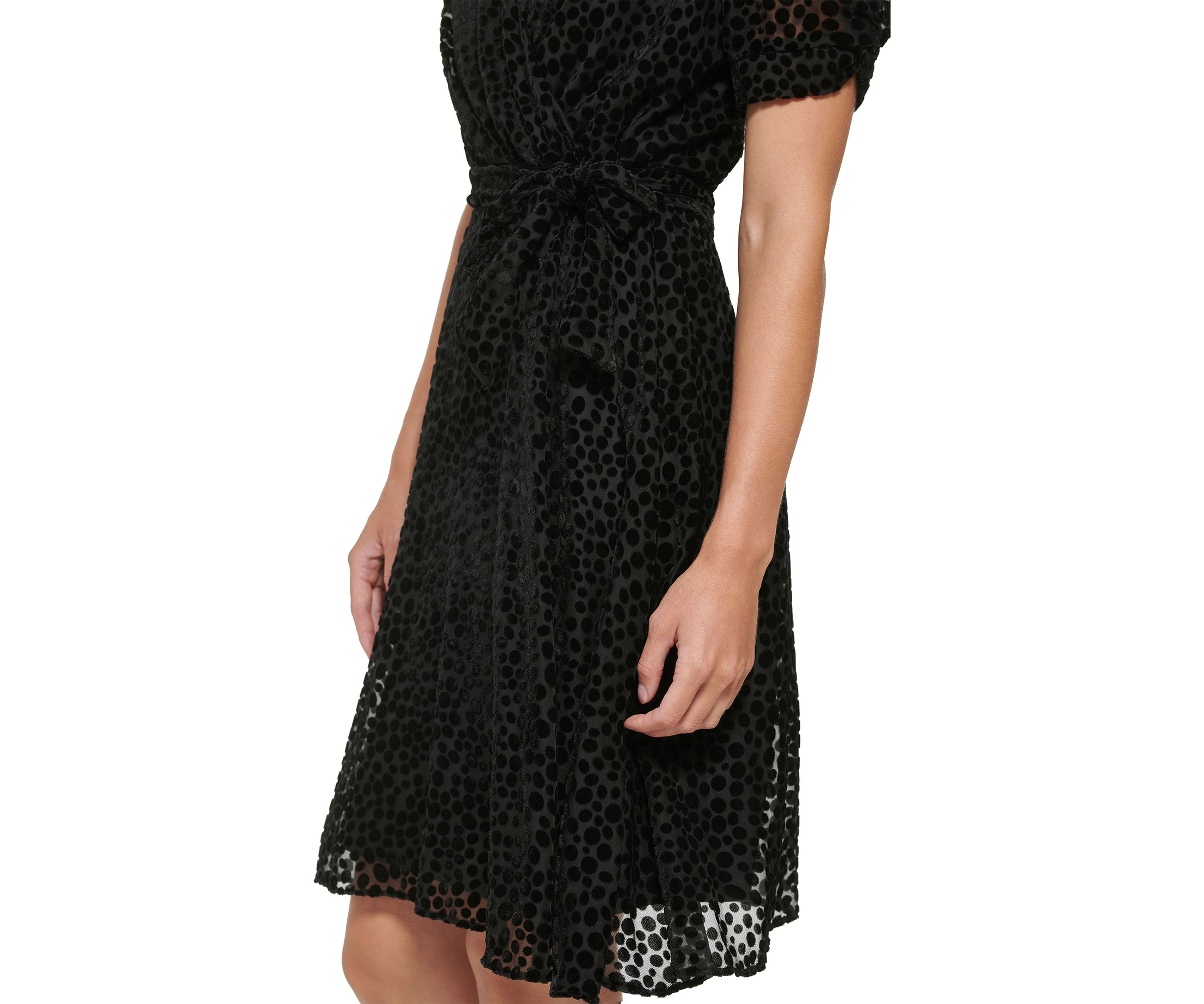Womens Short Puff Sleeve Solid Texture Dress with Knot