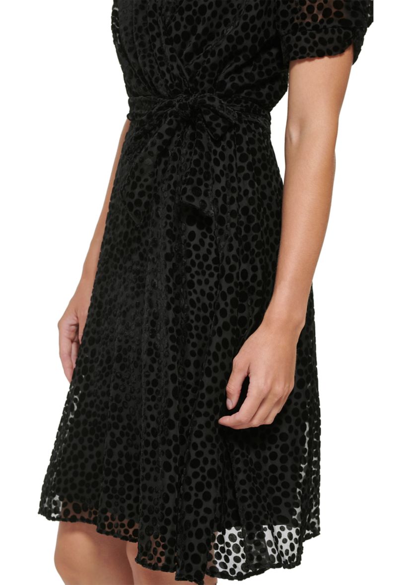 Womens Short Puff Sleeve Solid Texture Dress with Knot