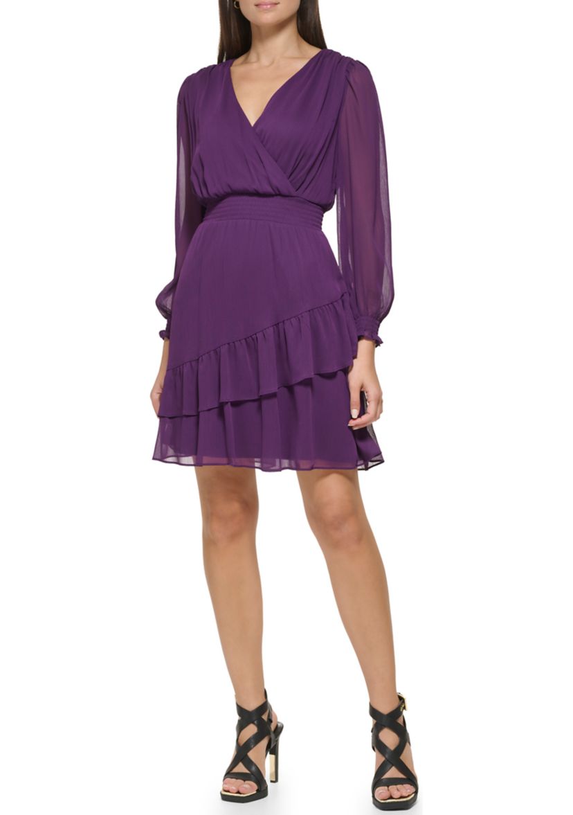 Womens Blouson Sleeve Ruffle Tier Fit and Flare Dress